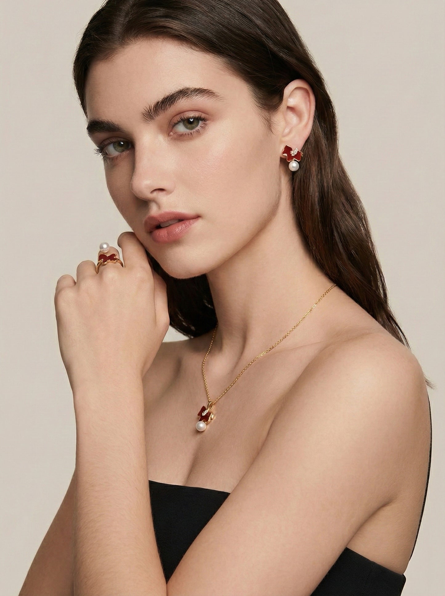TheGemOne Rouge Gallop Red Enamel & Pearl 3-Piece Set