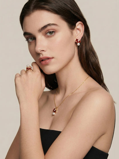 TheGemOne Rouge Gallop Red Enamel & Pearl 3-Piece Set