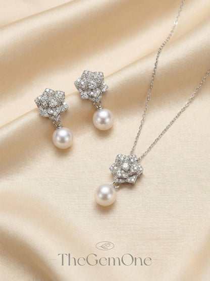 2025SS The Blossom Collection: 2pc Rose set in Freshwater Pearl 6.5-7.5mm with sterling sliver