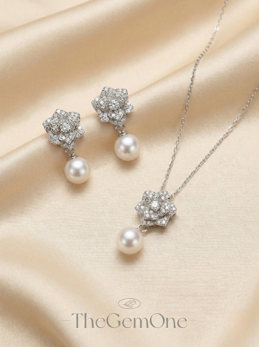 2025SS The Blossom Collection: 2pc Rose set in Freshwater Pearl 6.5-7.5mm with sterling sliver