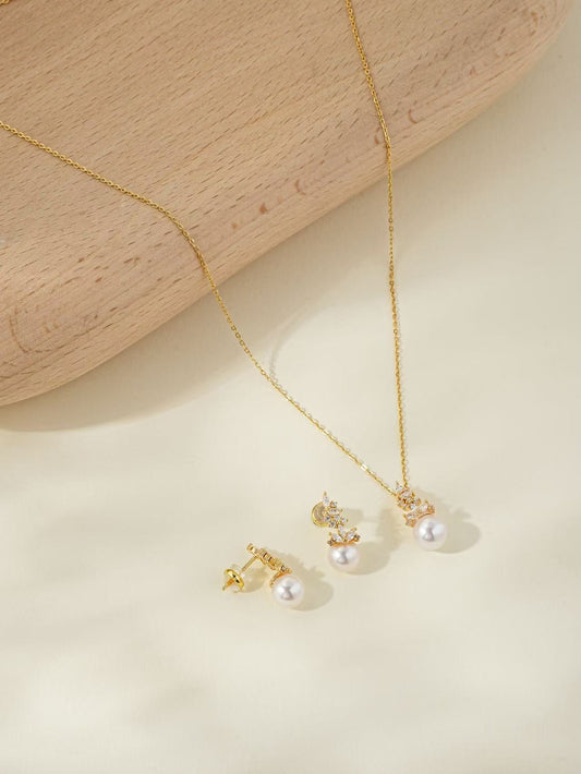 Royal Elegance Pearl and Crystal Necklace & Earrings Set in Gold